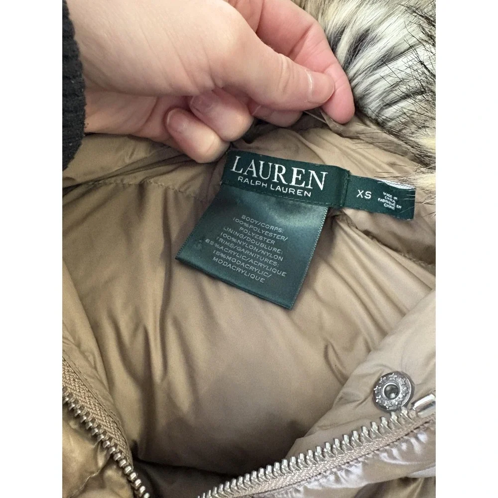 Lauren Ralph Lauren Coat‎ Womens XS Beige Puffer Faux Fur Hood Zip Pockets Warm
